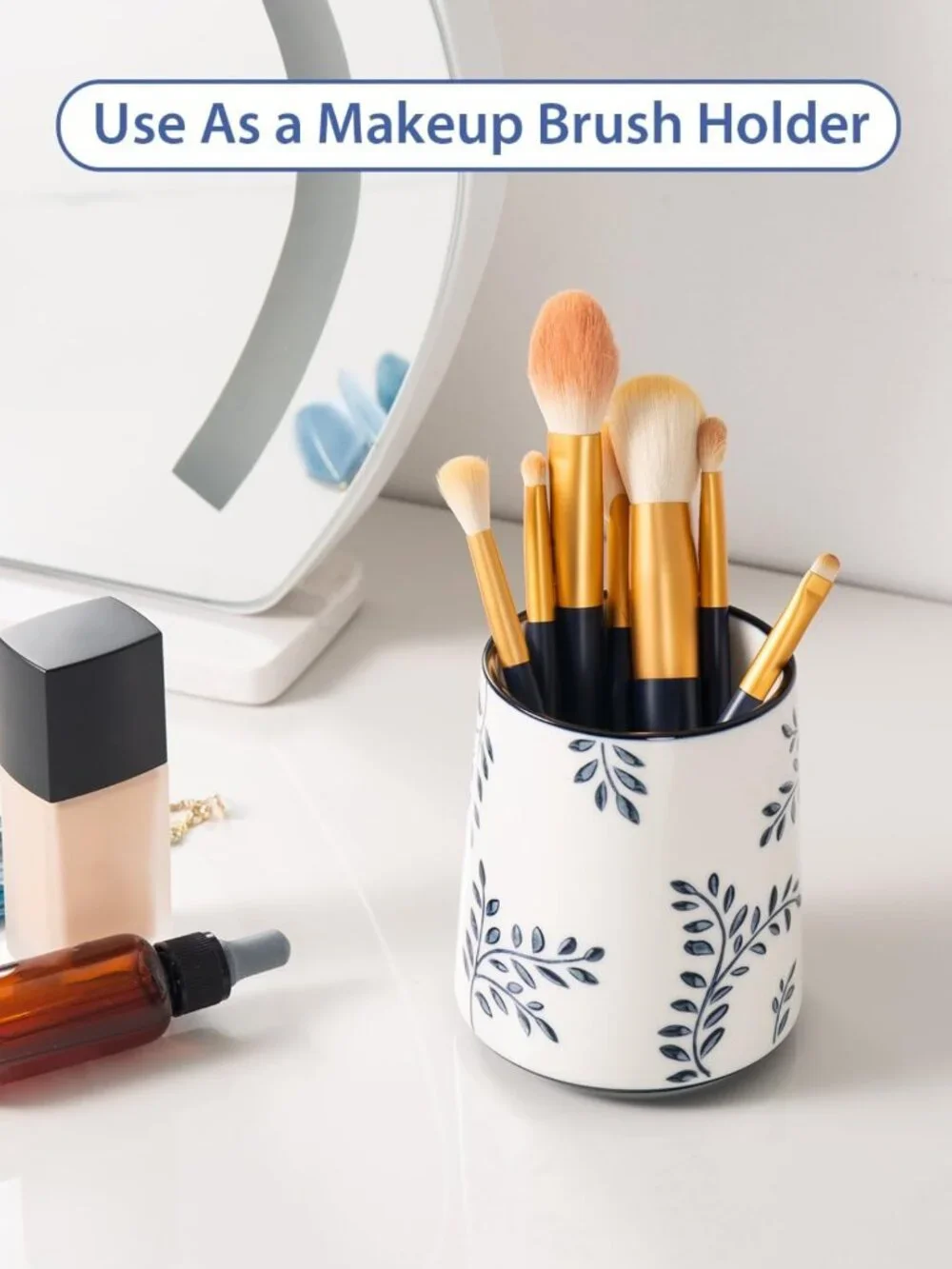 Chic Ceramic Toothbrush Holder & Makeup Brush Cup, Blue White Chinoiserie Design